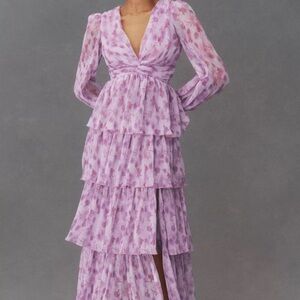 ASTR Purple Pink Floral Tiered Maxi Dress Ruffle V-Neck Long Sleeve Romantic S